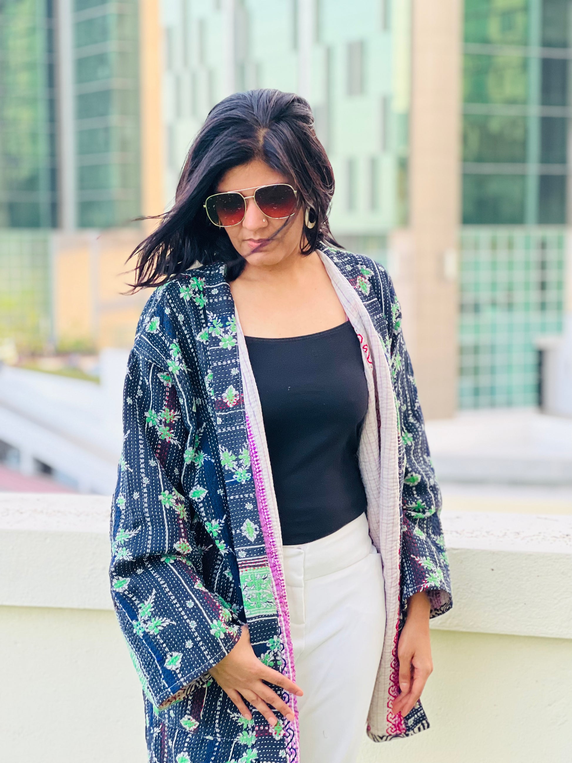 Black Green Vintage Kantha Kimono Jacket By Ornate Handicrafts