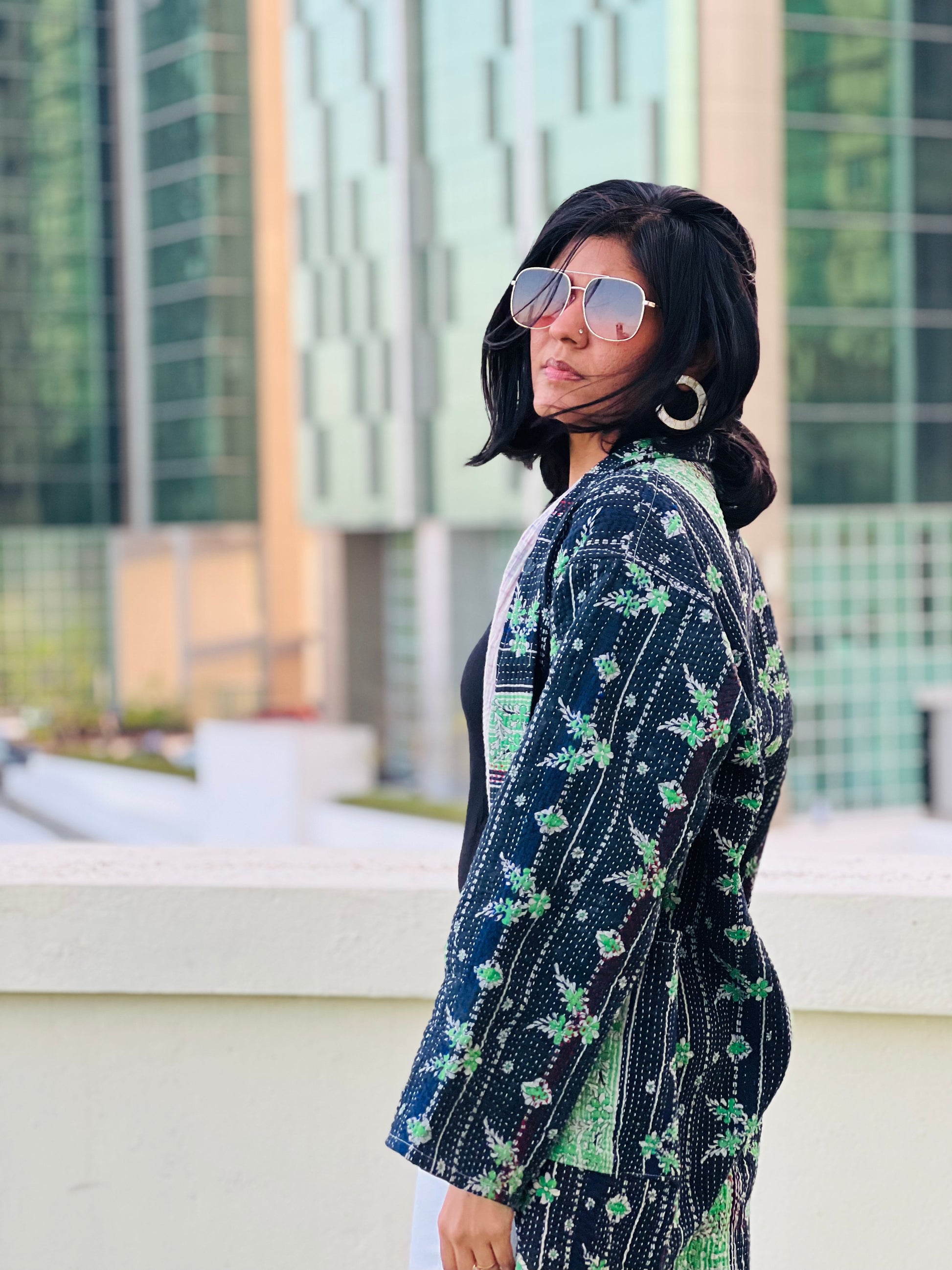 Black Green Vintage Kantha Kimono Jacket By Ornate Handicrafts