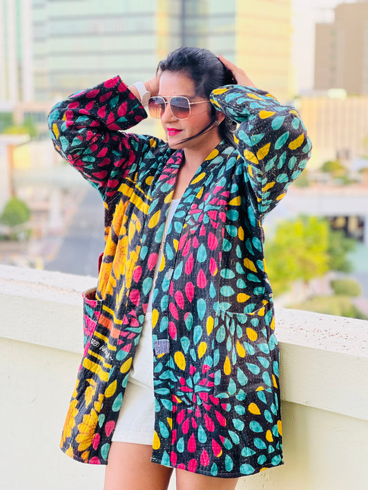 Artisan made Black Vintage Kantha Kimono Robe By Ornate Handicrafts