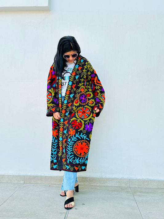 Black Embroidered Long Coat by Ornate Handicrafts