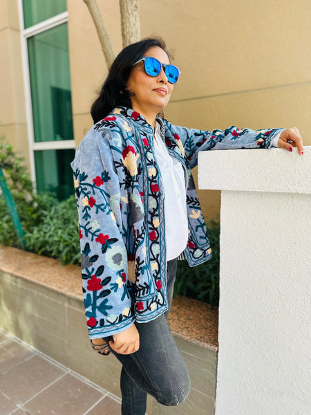 Blue Velvet Embroidered Jacket