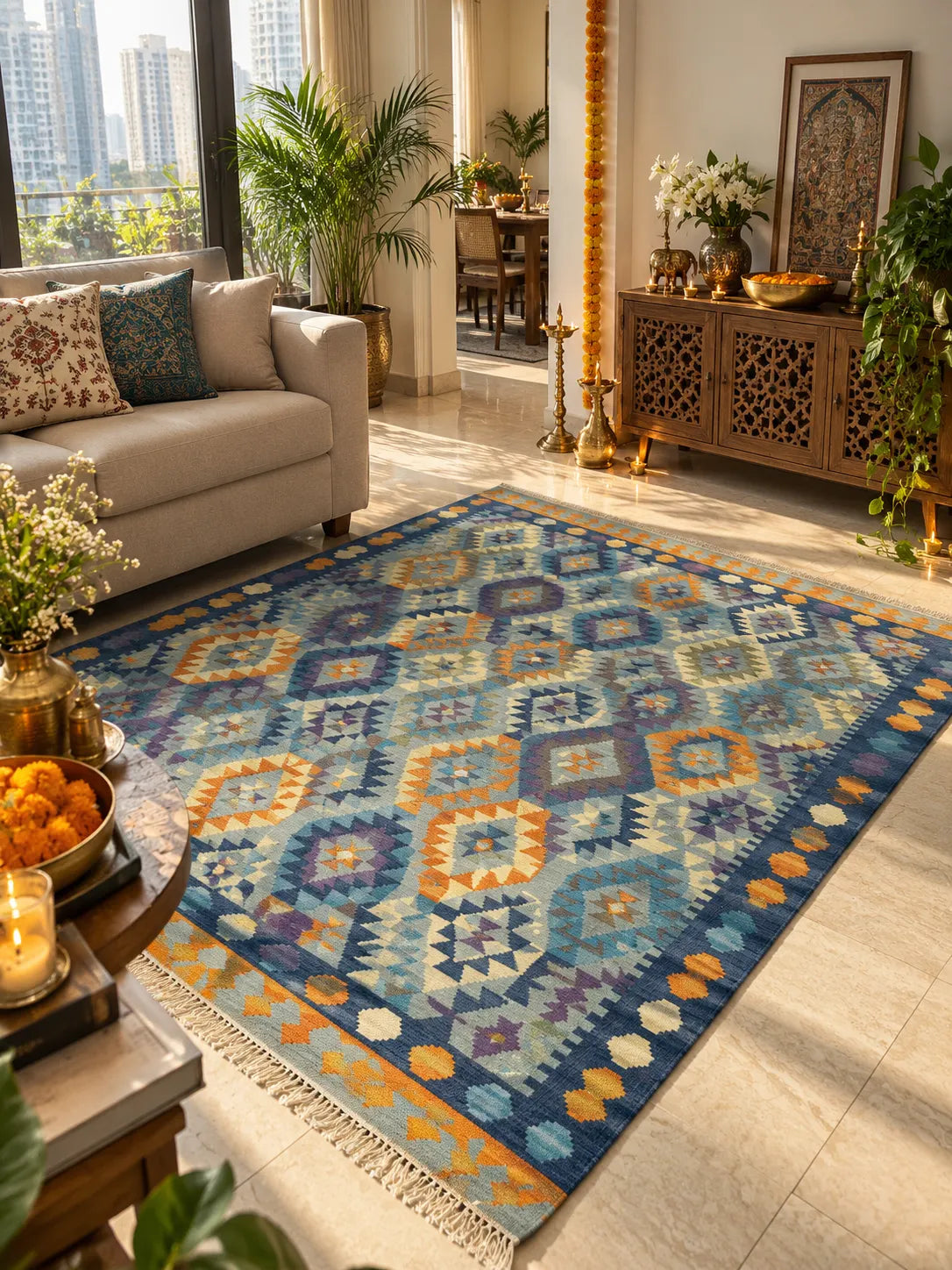 Handwoven Indian kilim rug, 5x8, geometric pattern in blue, orange, pink and cream styled in a living room for festive decor