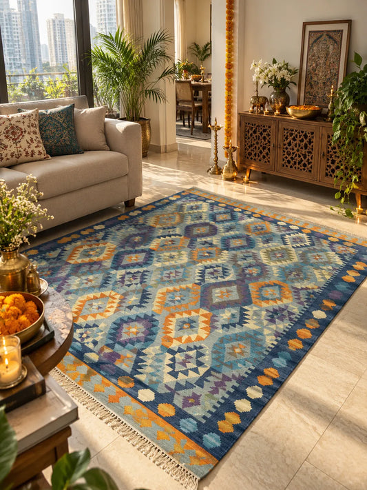 Handwoven Indian kilim rug, 5x8, geometric pattern in blue, orange, pink and cream styled in a living room for festive decor