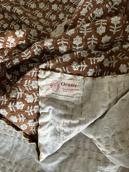 Artisan made Brown Floral Kantha Quilt by Ornate Handicrafts