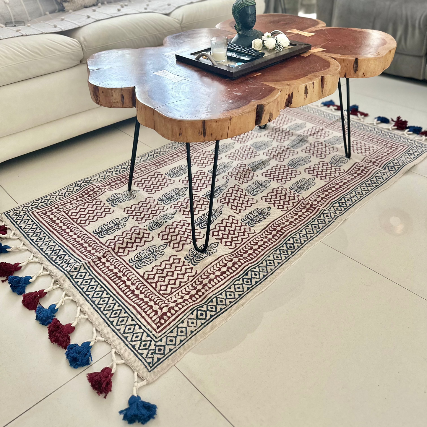 Colorful handwoven cotton dhurrie rug with tribal block print – boho area rug for living room or entryway decor”

