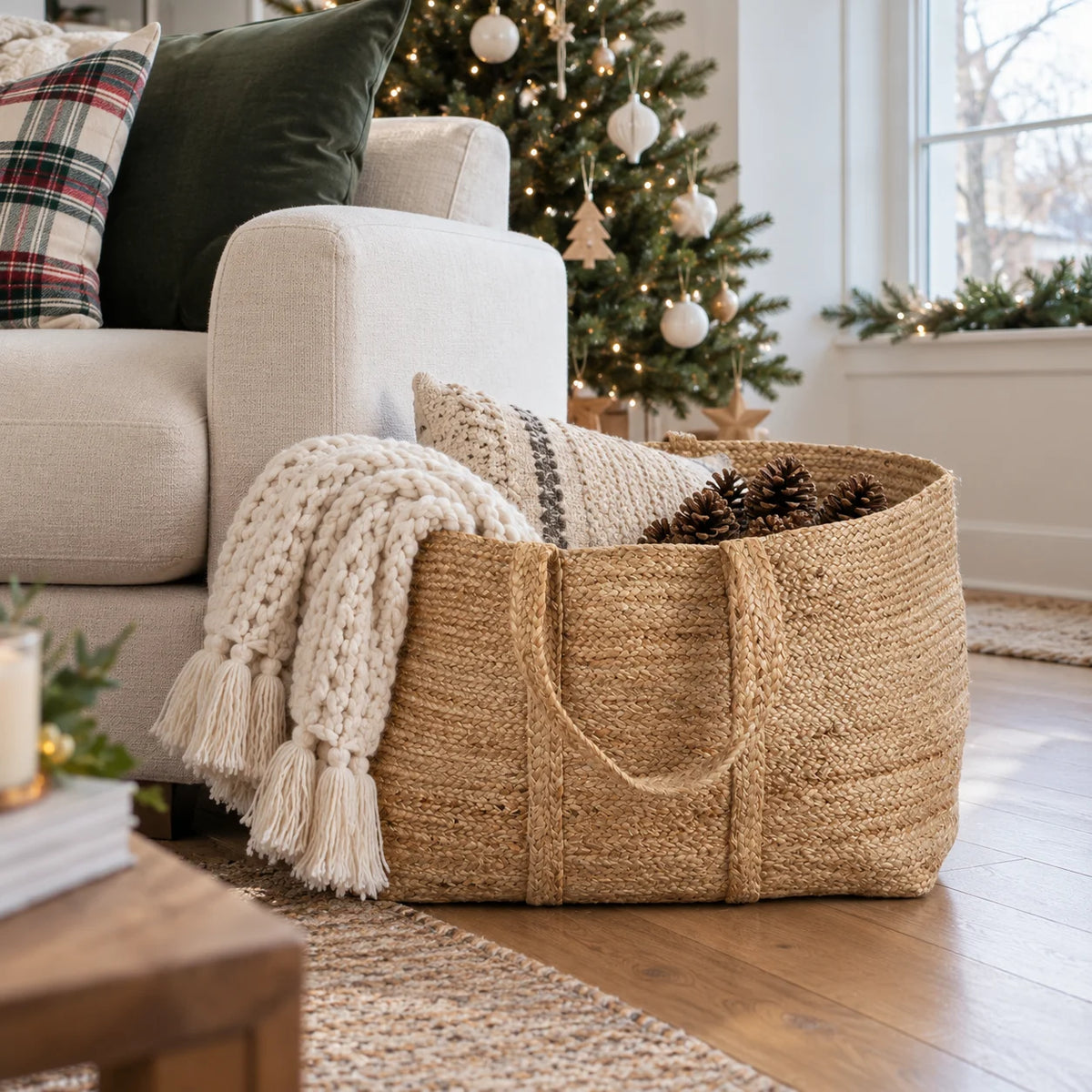 XL jute woven basket for cozy holiday decor