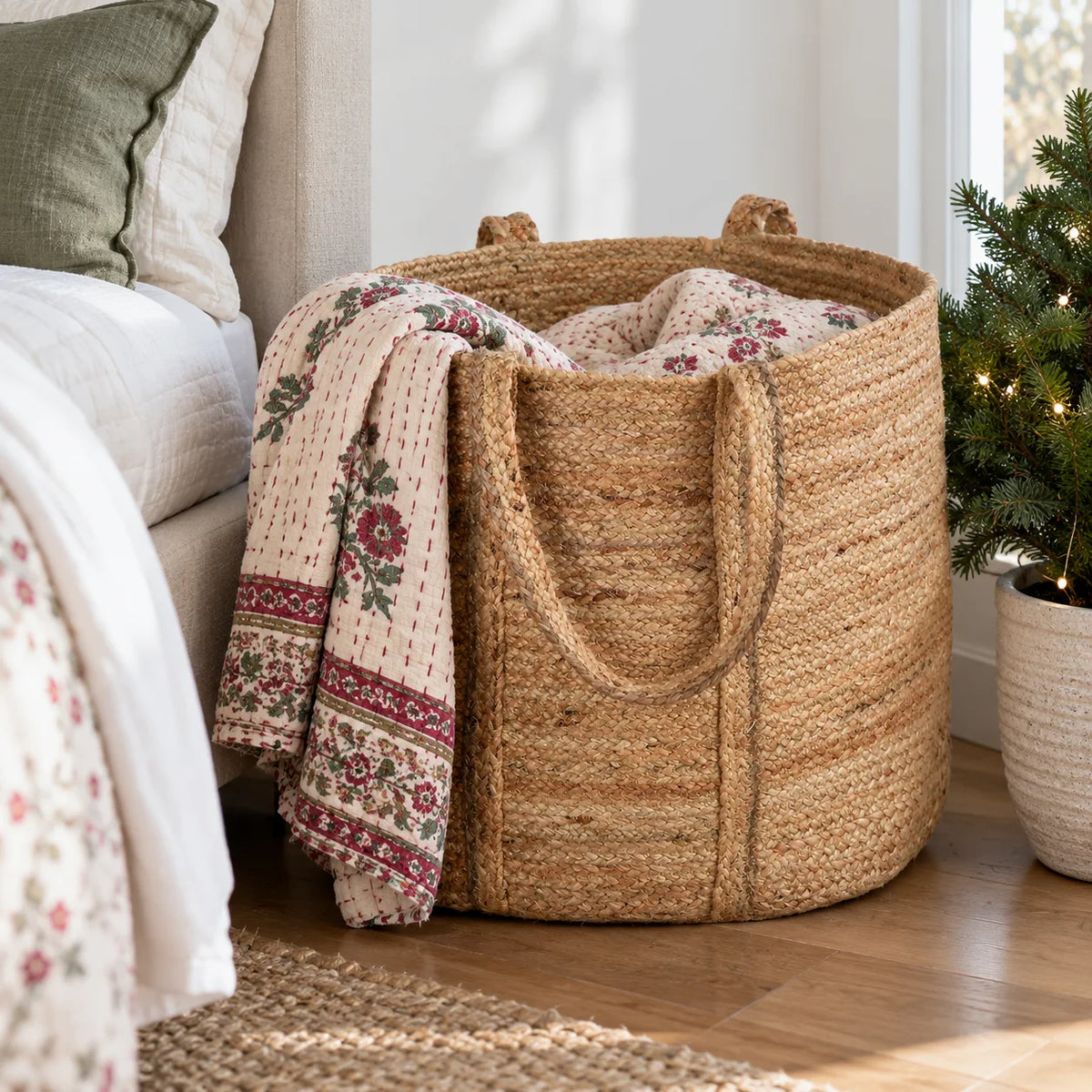 Cozy Jute woven laundry basket for holiday decor