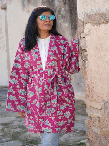 Pink Vintage Kantha Jacket for Spring Summer by Ornate Handicrafts