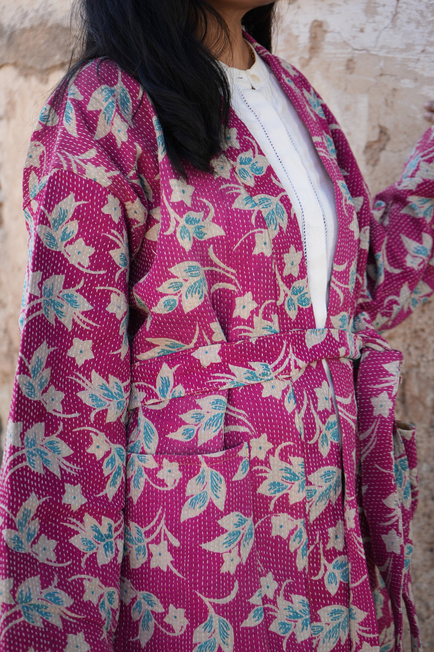 Pink Vintage Kantha Jacket for Spring Summer by Ornate Handicrafts