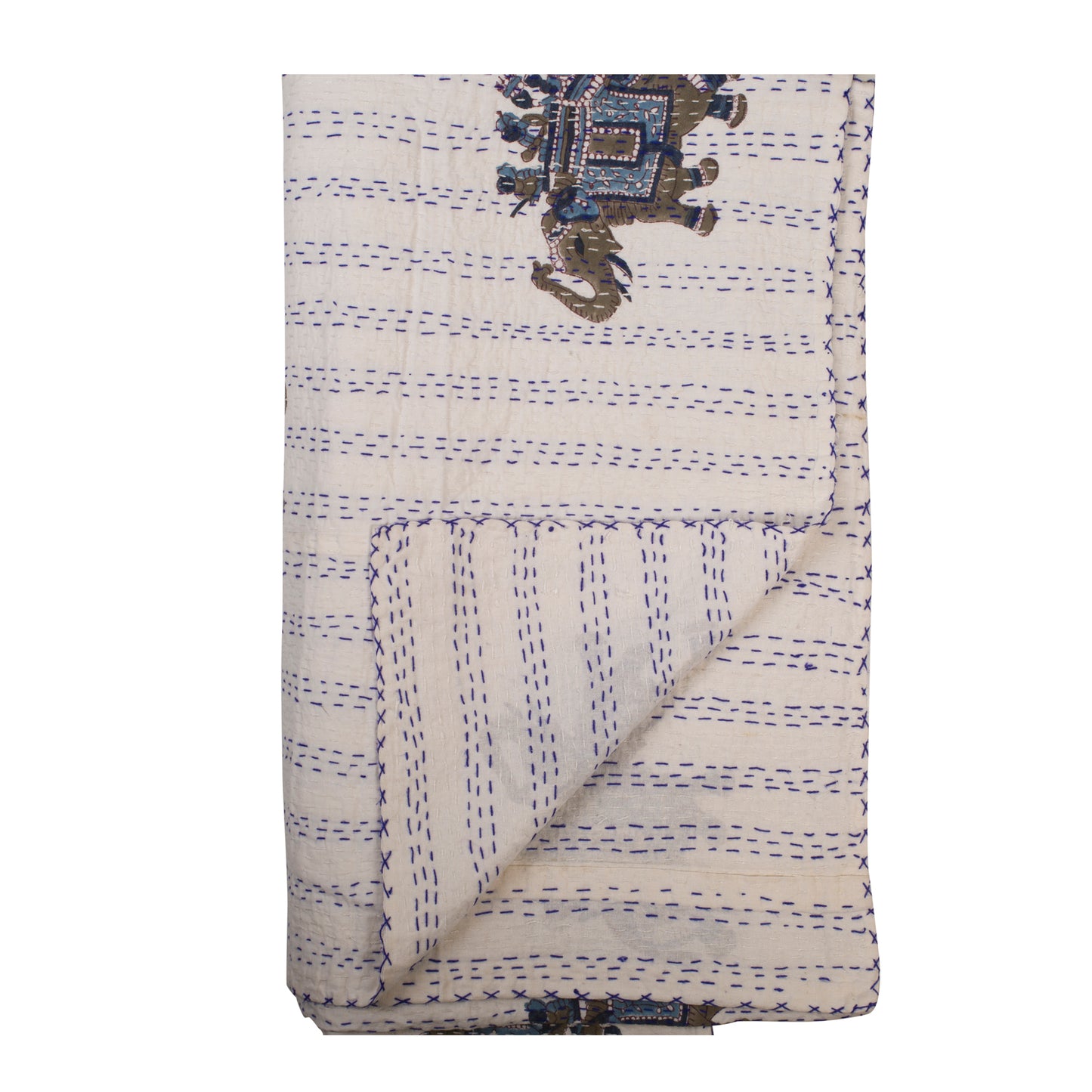 Hand Stitched Kantha Quilt with block printed Elephant motifs by Ornate Handicrafts