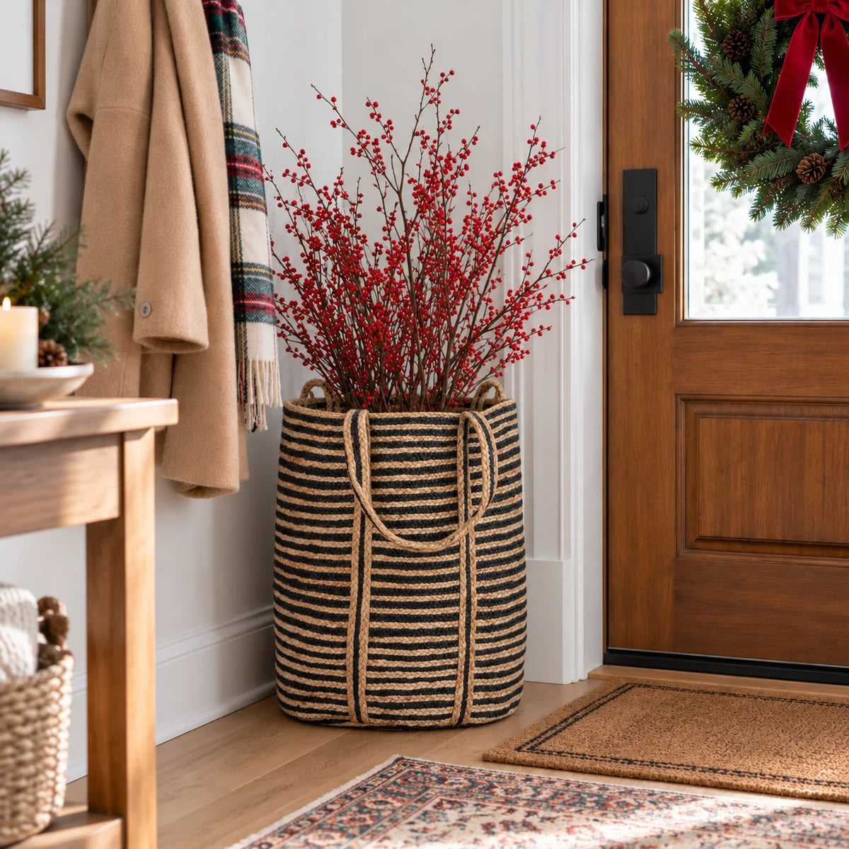 Black brown stripes woven jute basket for holiday decor