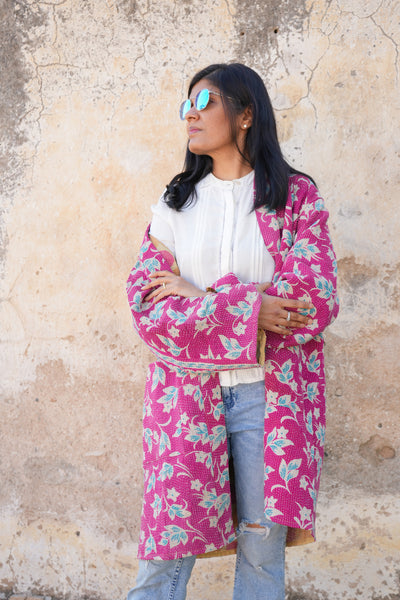 Pink Vintage Kantha Jacket for Spring Summer by Ornate Handicrafts