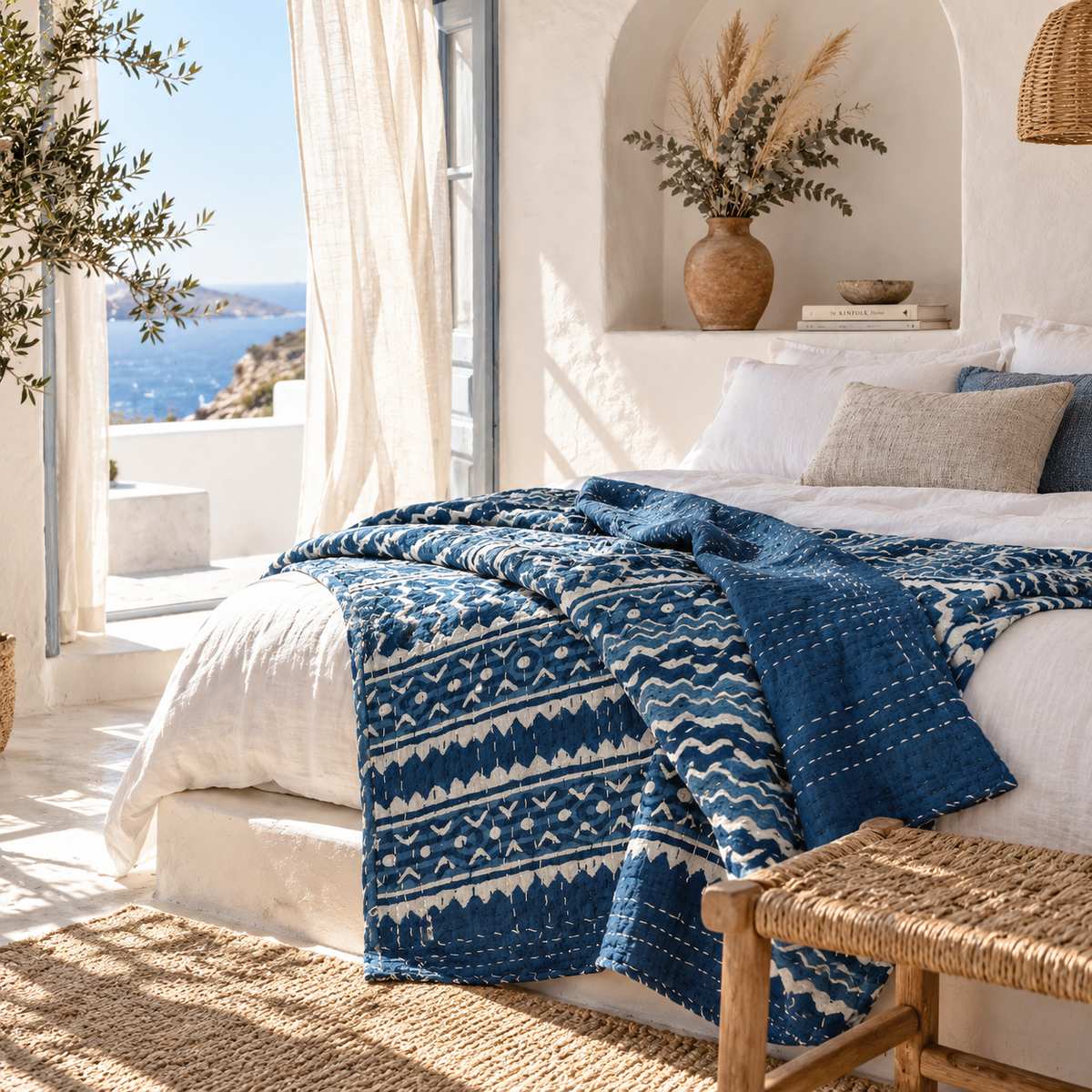 A styled bedroom scene with a bed dressed in white bedding and a prominent blue patterned throw blanket draped across the foot. The room has warm off-white walls, a woven bench, a vase of dried grass, and an open window overlooking the blue sea.