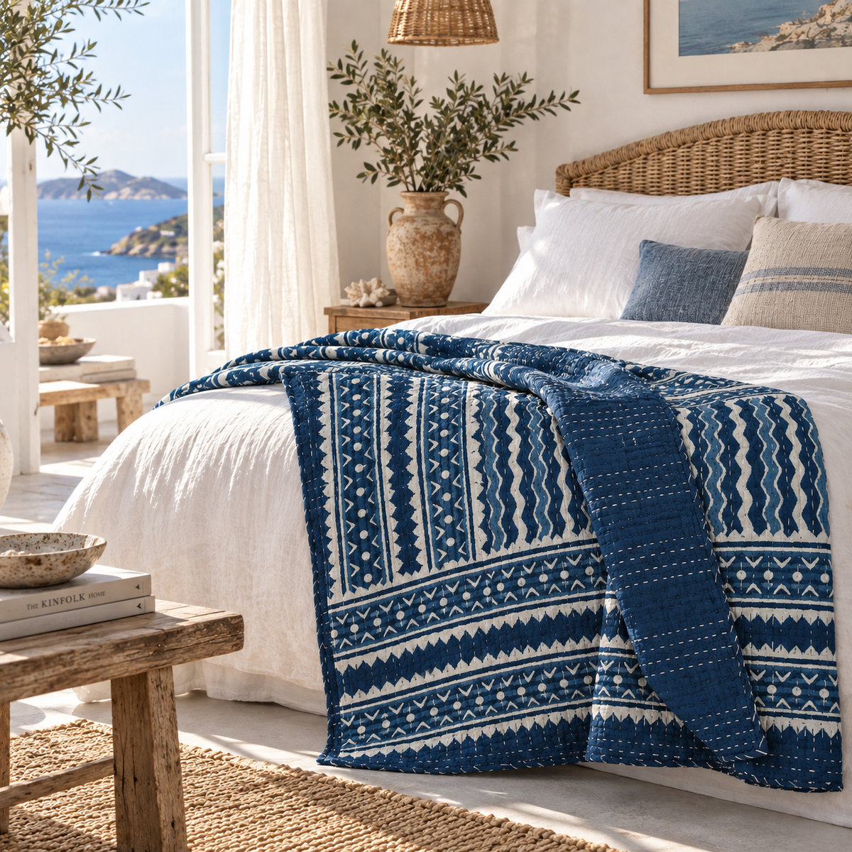 A navy blue and off-white patterned throw blanket is draped over a bed in a bright, sunlit bedroom with a sea view outside. The room includes white bedding, pillows, a wicker headboard, a vase with greenery, and a wooden bench in the foreground.