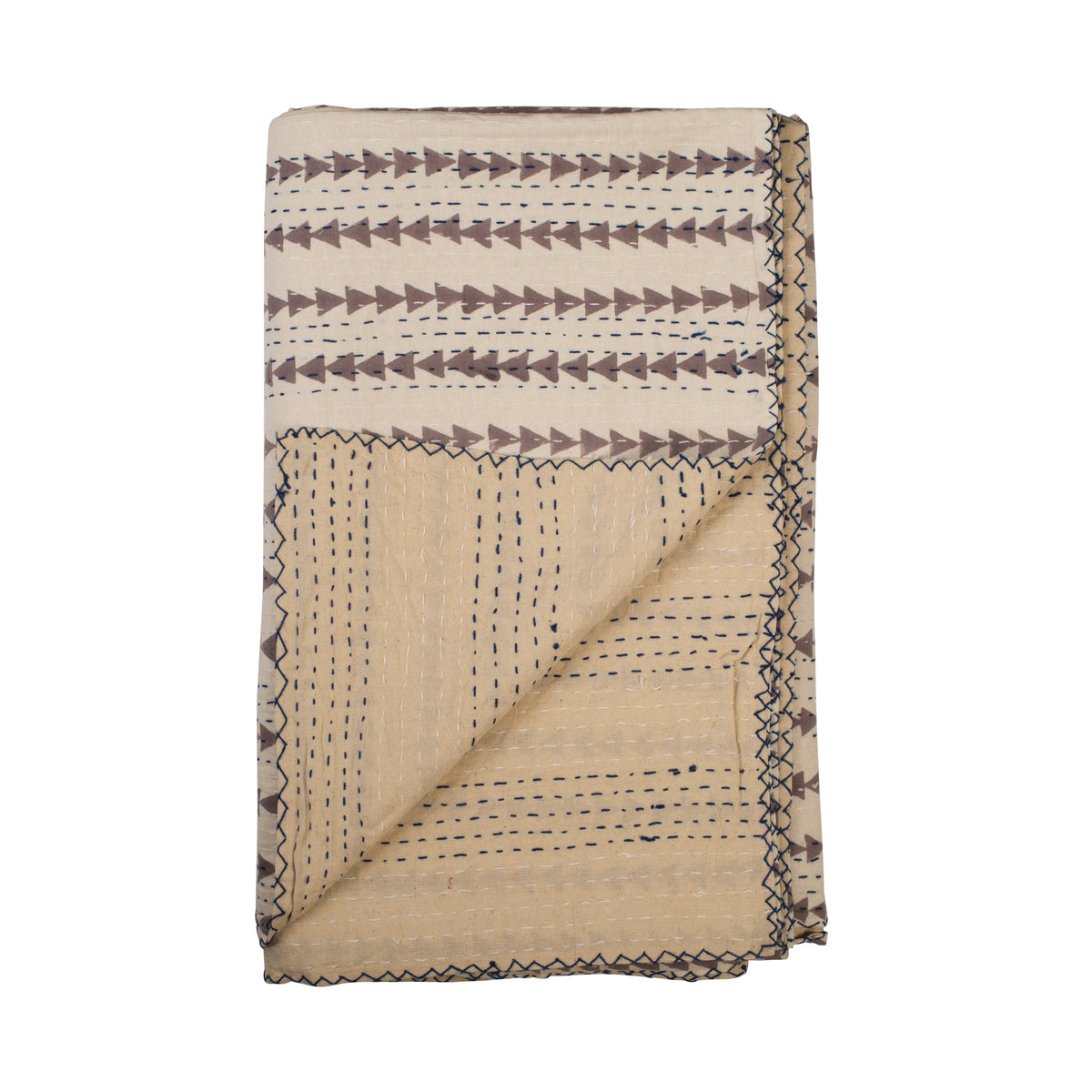 Grey arrow Kantha quilt folded showing stitching detail & reverse side