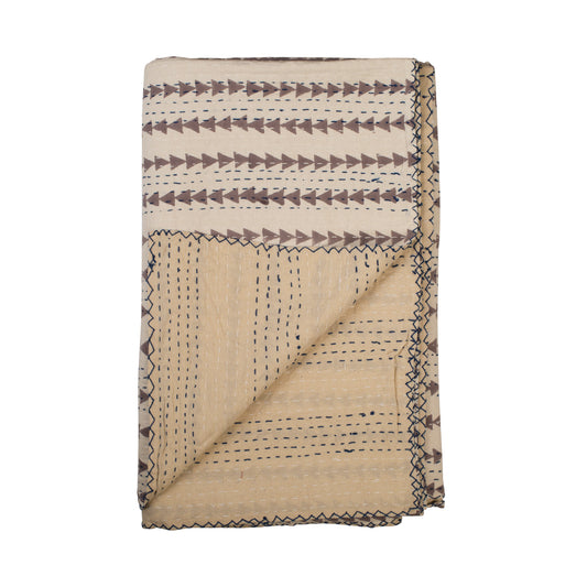Grey arrow Kantha quilt folded showing stitching detail & reverse side