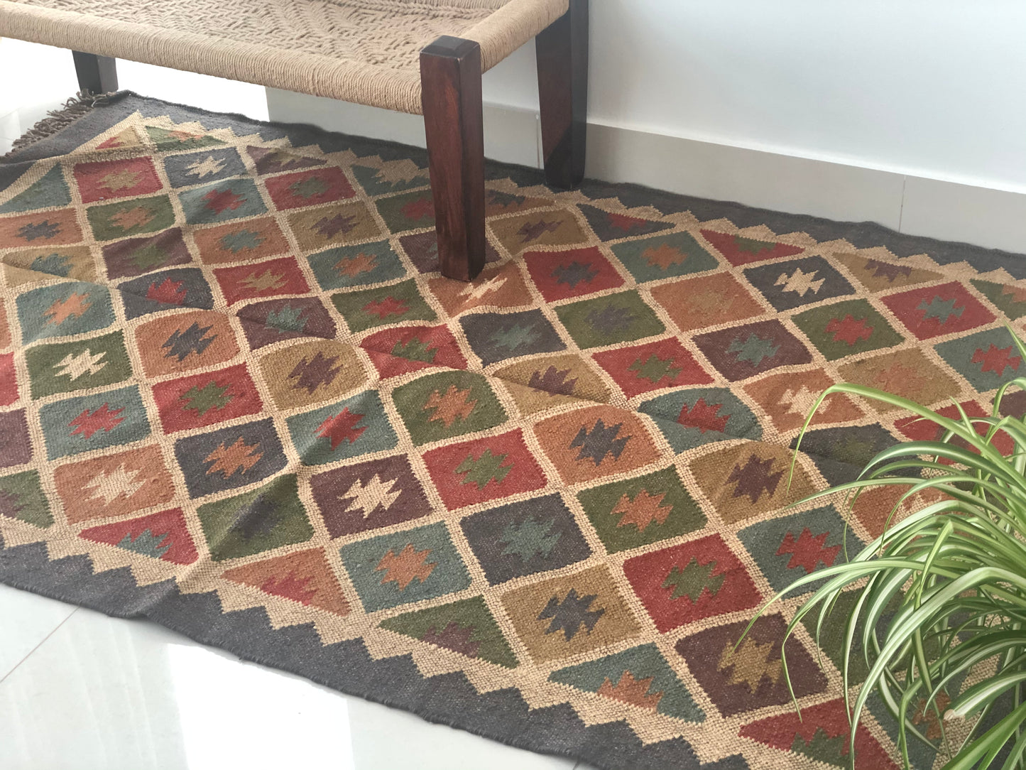 Charcoal Grey border Kilim flatweave rug reversible used for patio or as ascent rug 