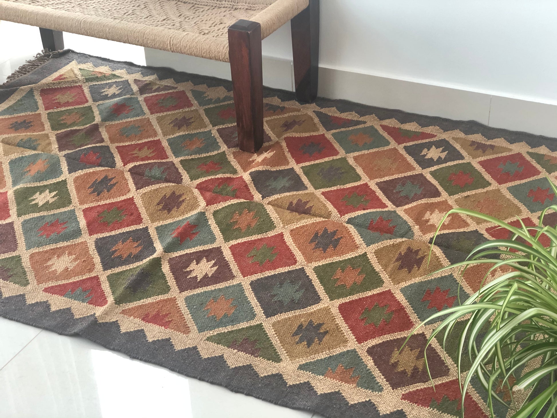 Charcoal Grey border Kilim flatweave rug reversible used for patio or as ascent rug 
