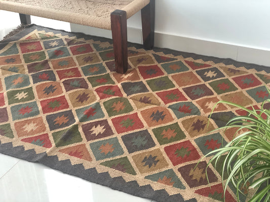 Charcoal Grey border Kilim flatweave rug reversible used for patio or as ascent rug 