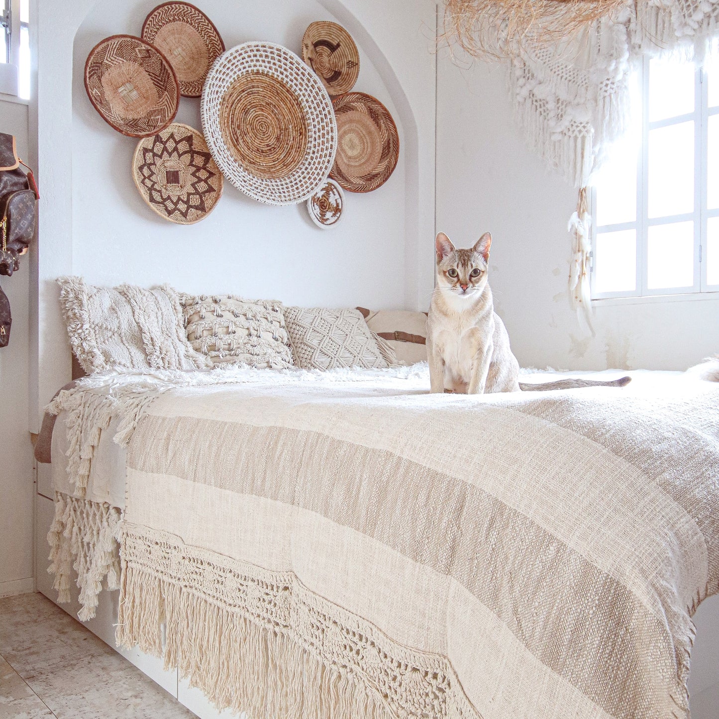 Macramé Beige Stripes Throw Blanket by Ornate Handicrafts