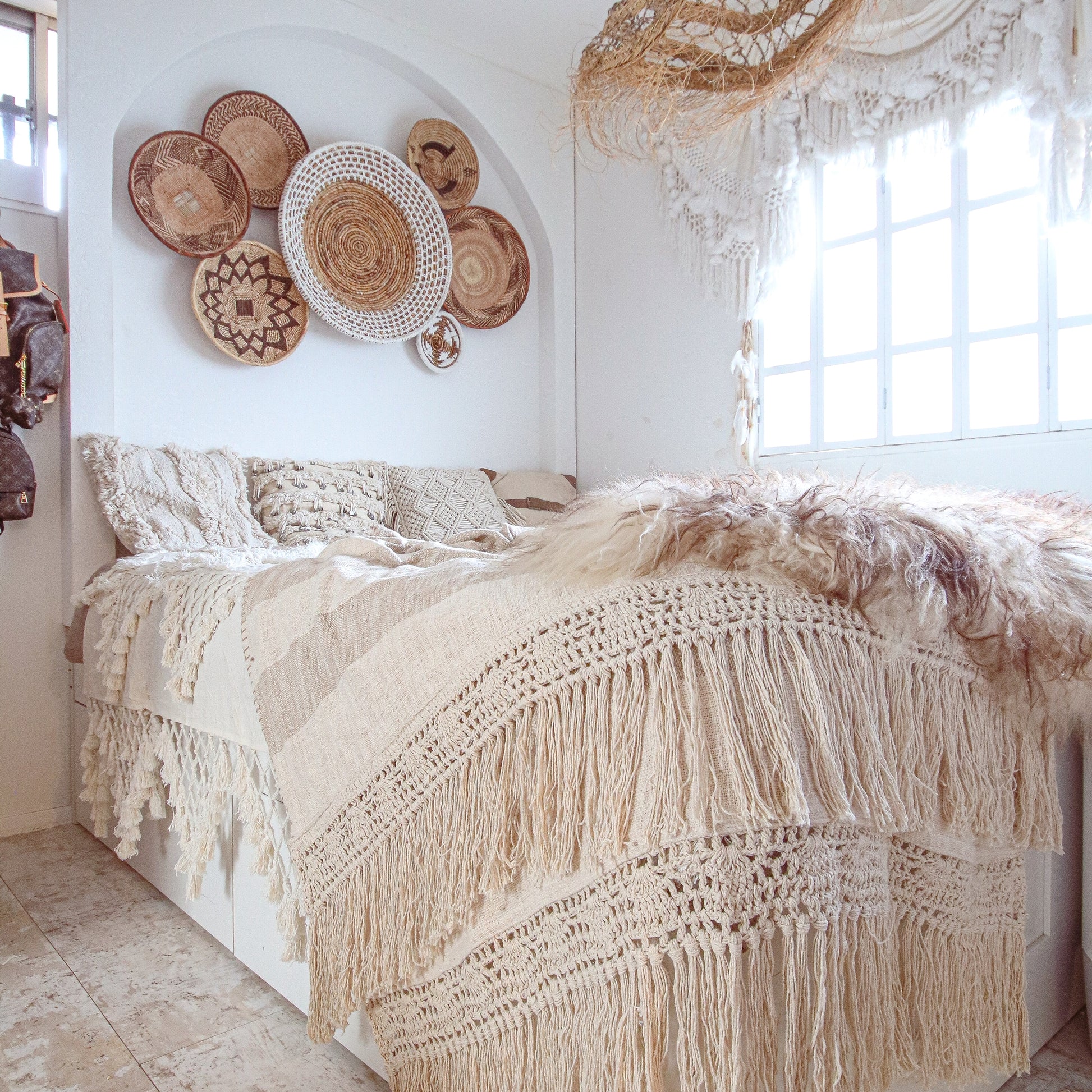 Macramé Beige Stripes Throw Blanket by Ornate Handicrafts