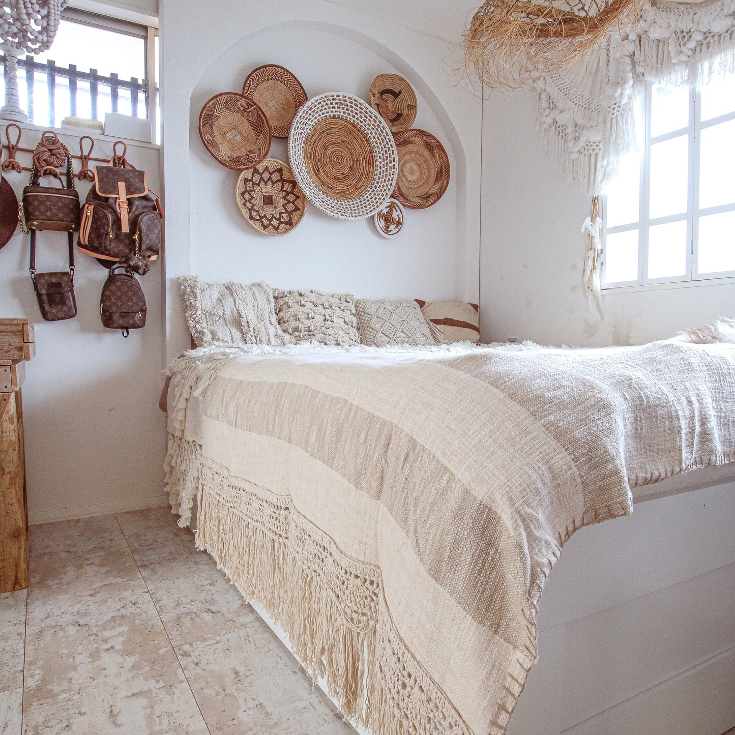 Macramé Beige Stripes Throw Blanket by Ornate Handicrafts