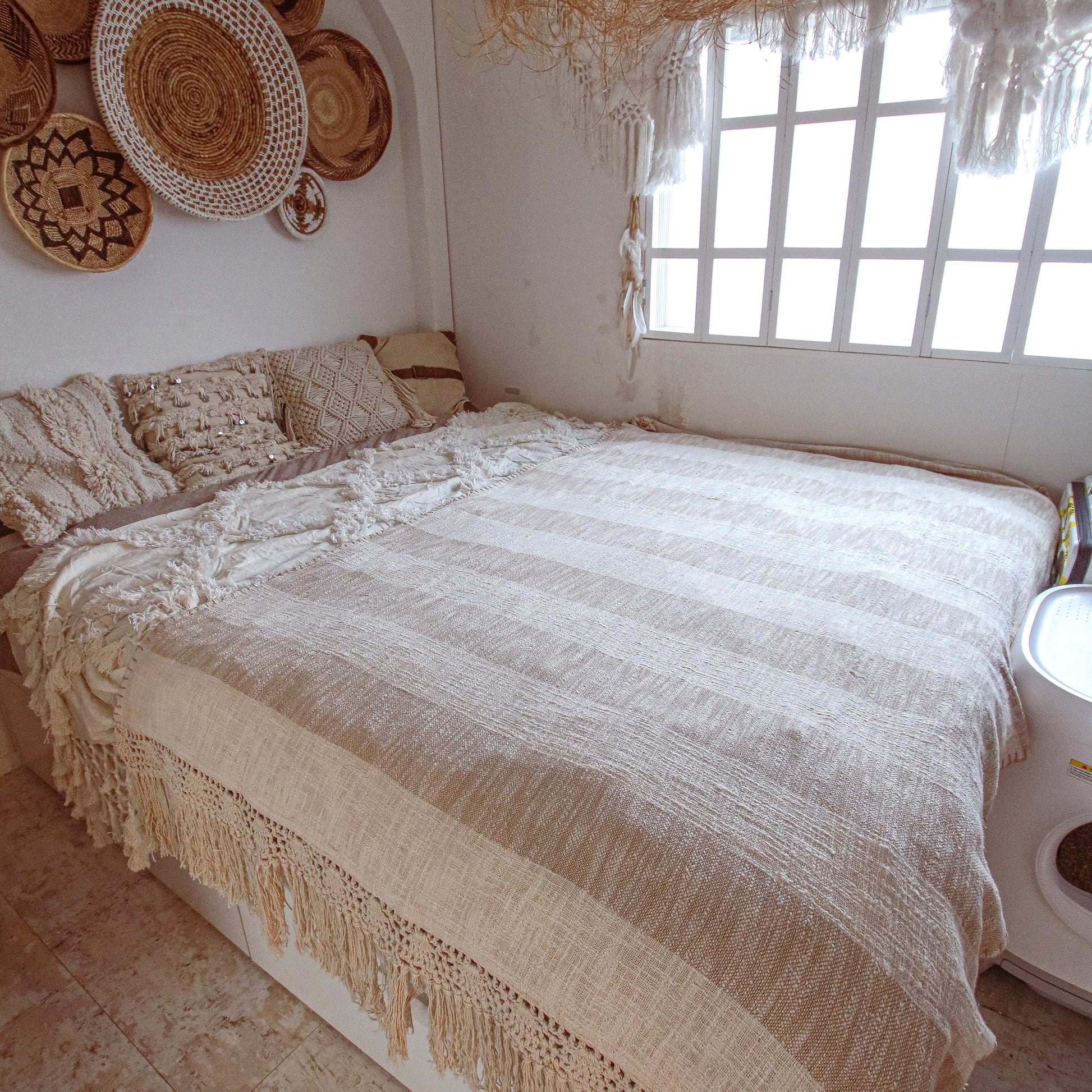 Macramé Beige Stripes Throw Blanket by Ornate Handicrafts