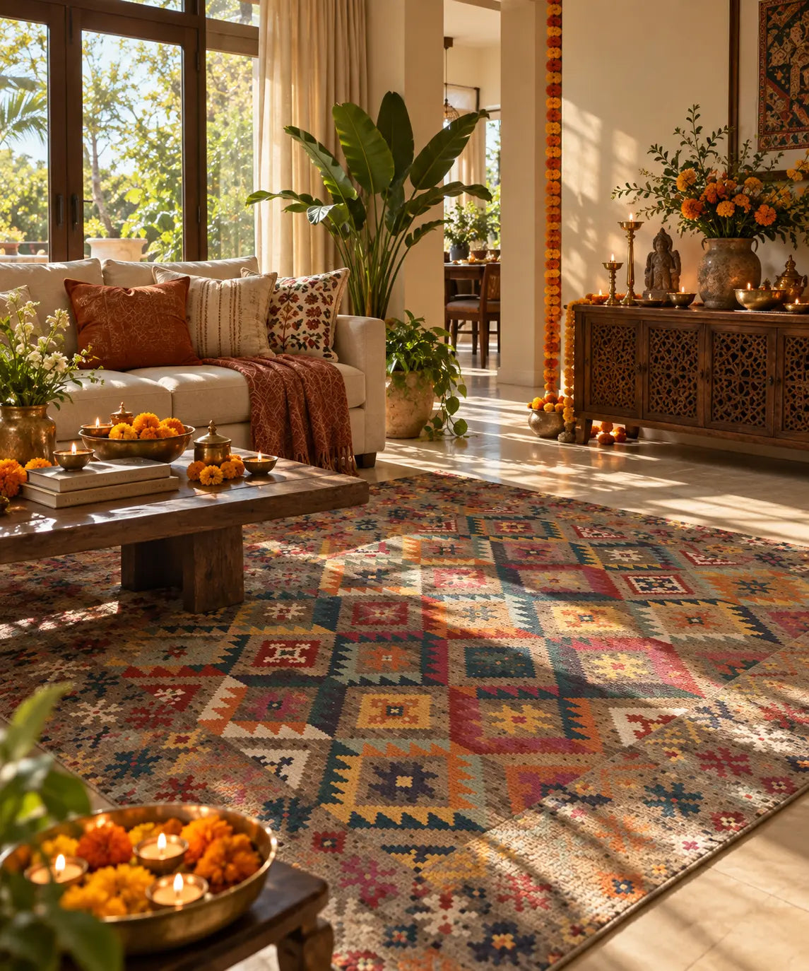 Colorful handwoven Indian kilim rug, 5x8, geometric pattern in blue, orange, pink and yellow, styled in a living room for Diwali Decor available in UAE free shipping