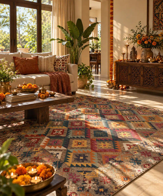 Colorful handwoven Indian kilim rug, 5x8, geometric pattern in blue, orange, pink and yellow, styled in a living room for Diwali Decor available in UAE free shipping