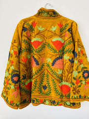 Mustard Velvet Jacket with Floral embroidery & cotton lining. Made in India by artisans for Ornate Handicrafts