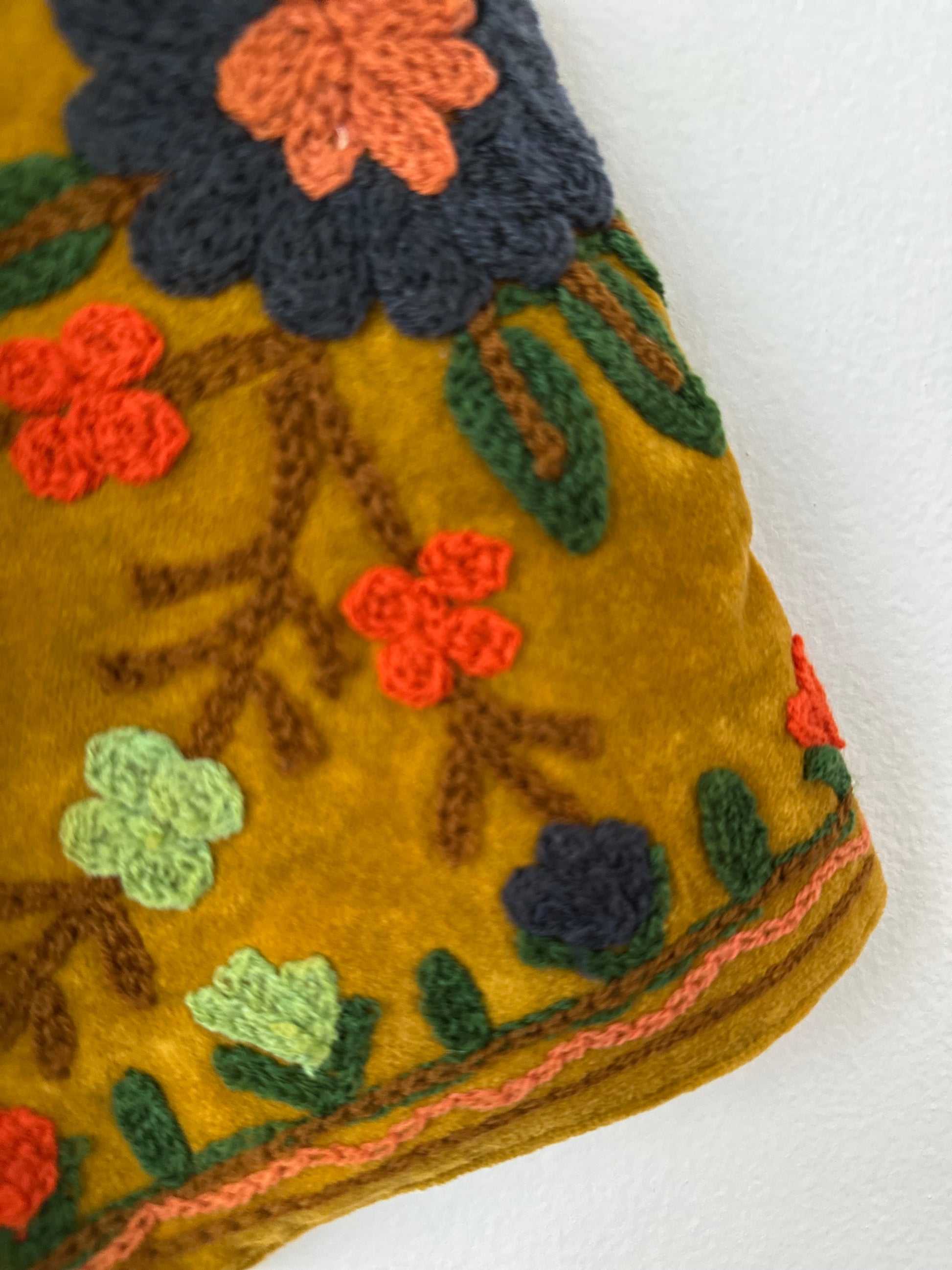 Mustard Velvet Jacket with Floral embroidery & cotton lining. Made in India by artisans for Ornate Handicrafts