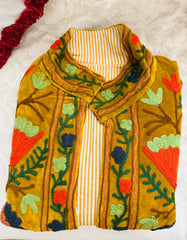 Mustard Velvet Jacket with Floral embroidery & cotton lining. Made in India by artisans for Ornate Handicrafts