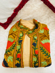 Mustard Velvet Jacket with Floral embroidery & cotton lining. Made in India by artisans for Ornate Handicrafts