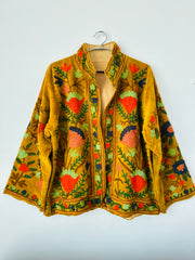 Mustard Velvet Jacket with Floral embroidery & cotton lining. Made in India by artisans for Ornate Handicrafts