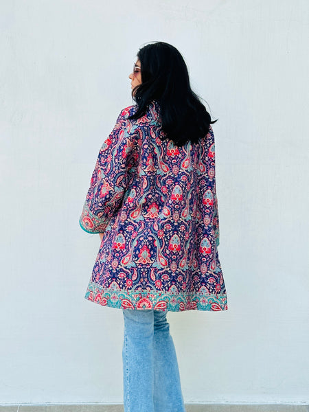 Navy Blue Paisley Quilted Silk Kimono made by artisans of Ornate Handicrafts in India using fair trade practice. Perfect outfit for casual shopping or date nights with friends at night.
