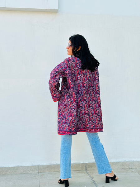 Blue Pink Silk Quilted Reversible Kimono Jacket made by artisans in India for Ornate Handicrafts. Style with jeans t-shirt for casual look or with a dress for a special night!