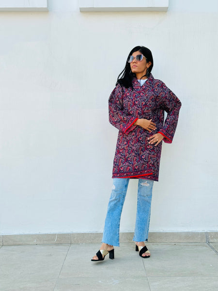 Blue Pink Silk Quilted Reversible Kimono Jacket made by artisans in India for Ornate Handicrafts. Style with jeans t-shirt for casual look or with a dress for a special night!