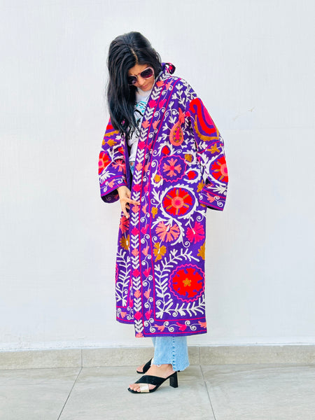 Artisan made Purple Suzani Embroidered Long Kimono Coat by Ornate Handicrafts. Perfect for casual shopping trips or evening dinner parties!