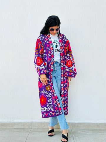 Artisan made Purple Suzani Embroidered Long Kimono Coat  by Ornate Handicrafts.  Perfect for casual shopping trips or evening  dinner parties!