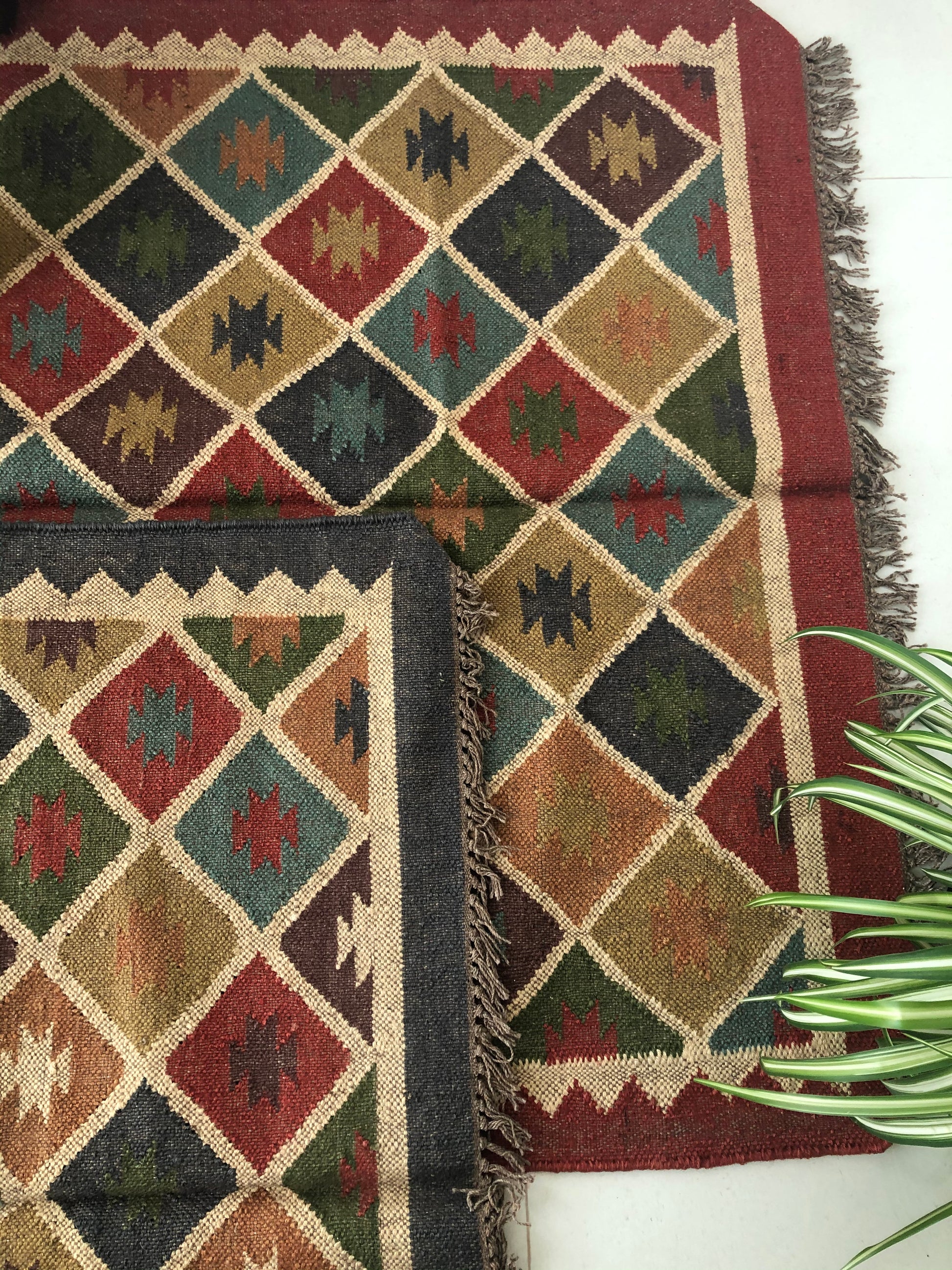 Charcoal Grey border Kilim flatweave rug reversible used for patio or as ascent rug 