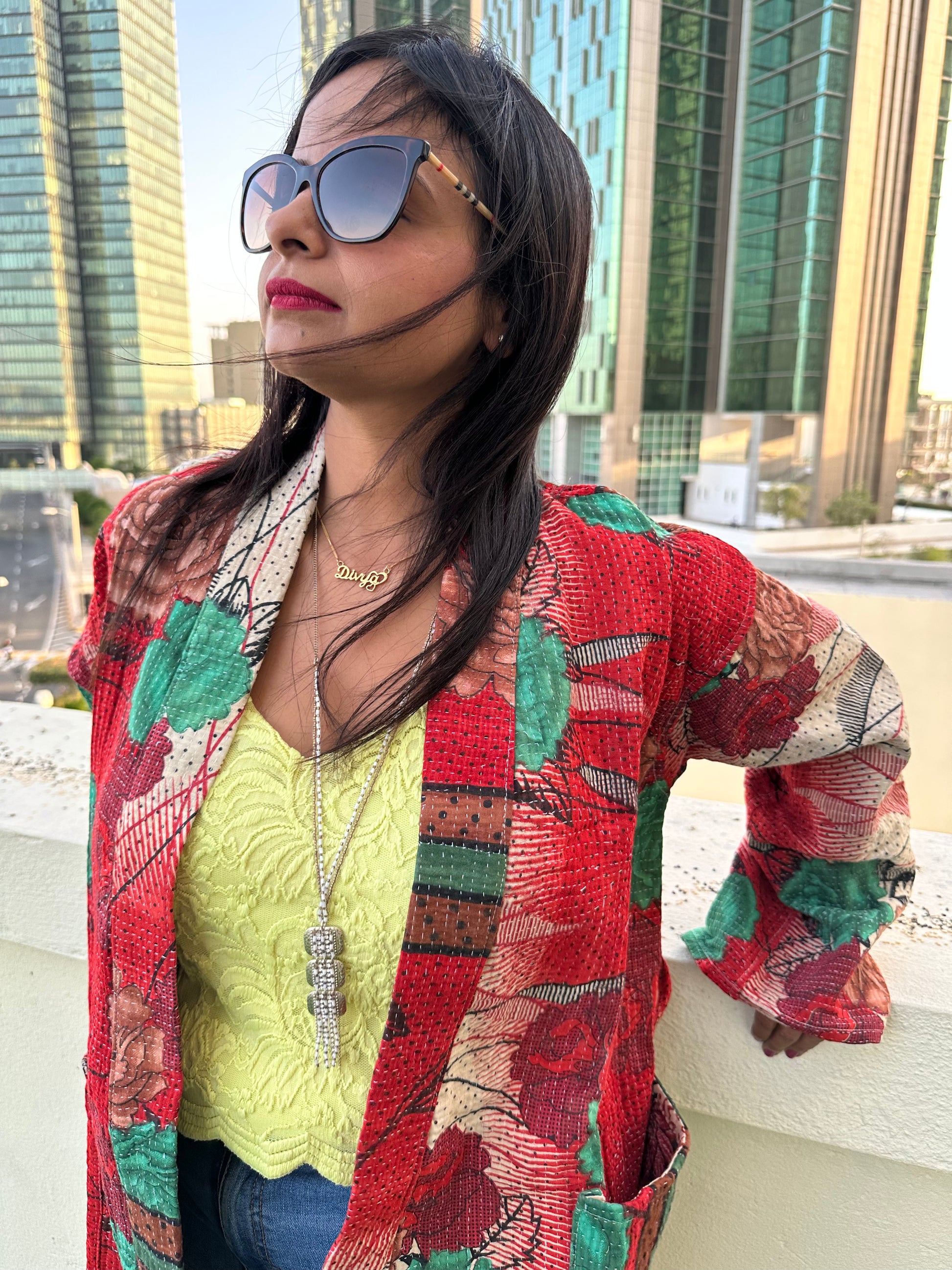 Indulge in the intricate beauty of this vintage Kantha Kimono Jacket, hand-stitched with love and care in India by artisans of Ornate Handicrafts 