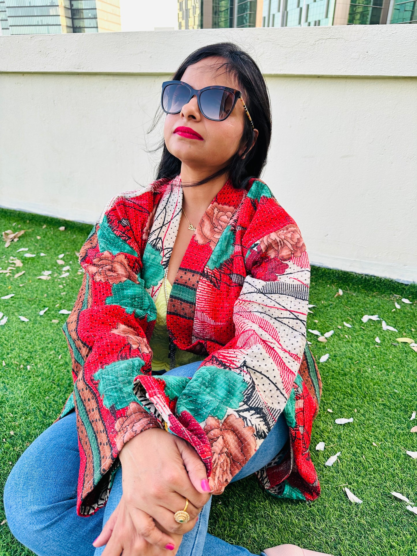 ndulge in the intricate beauty of this vintage Kantha Kimono Jacket, hand-stitched with love and care in India by artisans of Ornate Handicrafts 