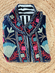 Royal Blue Embroidered velvet jacket with colorful patterns & cotton inner lining. perfect for holiday parties or date nights. Artisan made ideal for holiday gifting. Made by artisans in India for Ornate Handicrafts
