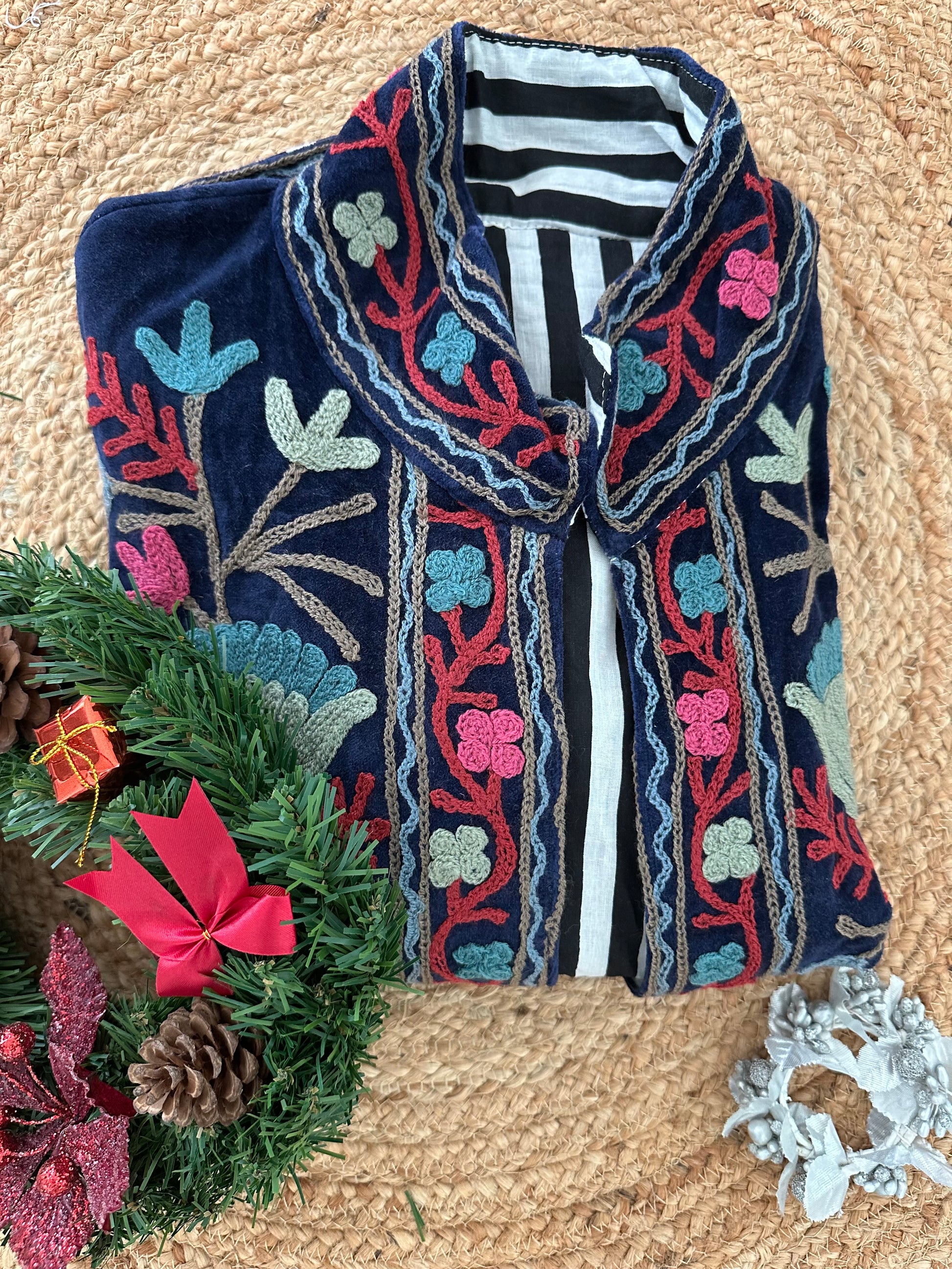Royal Blue Embroidered velvet jacket with colorful patterns & cotton inner lining. perfect for holiday parties or date nights. Artisan made ideal for holiday gifting. Made by artisans in India for Ornate Handicrafts