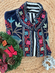Royal Blue Embroidered velvet jacket with colorful patterns & cotton inner lining. perfect for holiday parties or date nights. Artisan made ideal for holiday gifting. Made by artisans in India for Ornate Handicrafts