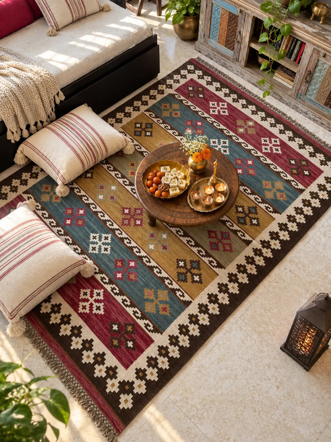 Boho kilim rug to elevate your Diwali, holiday decor in 170 x240 cm as perfect area rug for living room or hallway