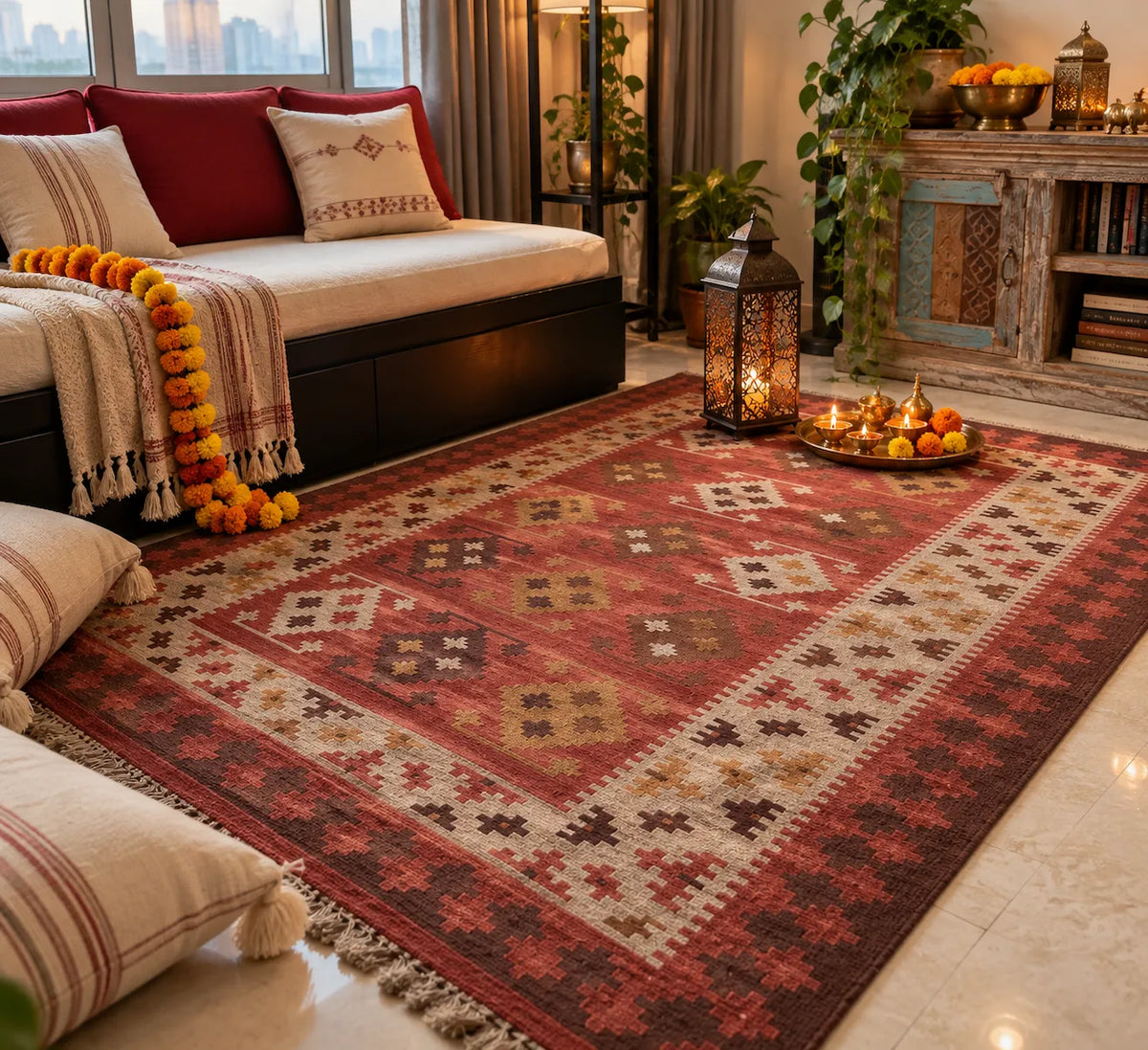 Rust kilim rug in wool for the cozy Diwali decor for living room  in size 170 x 240 cm 