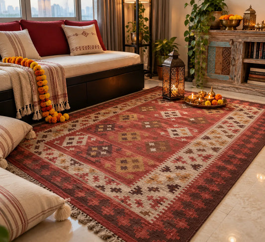 Rust kilim rug in wool for the cozy Diwali decor for living room  in size 170 x 240 cm 