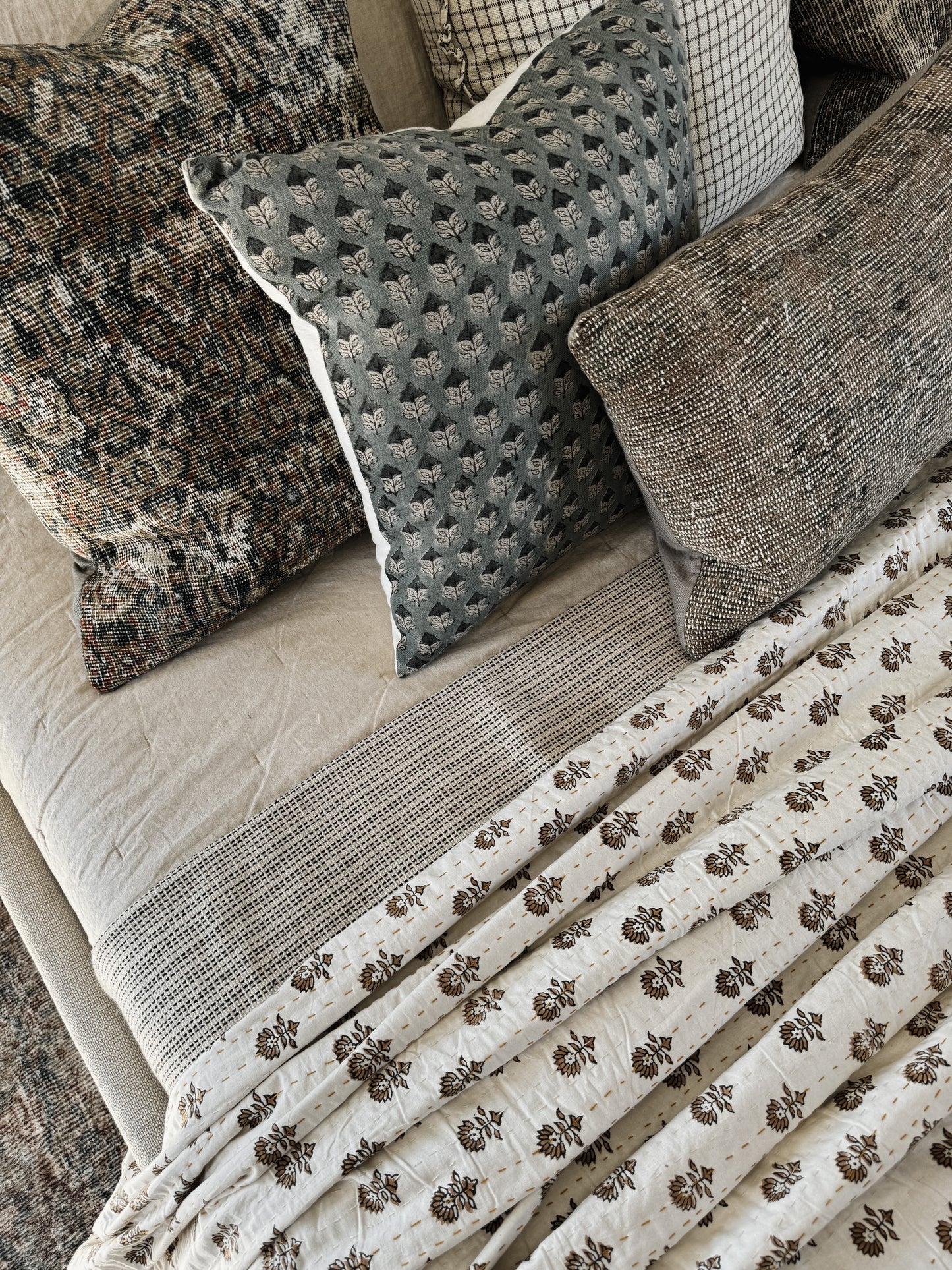 White Kantha Quilt with Brown Floral Block print motifs made by Ornate Handicrafts! Perfect for spring summer bedroom decor.