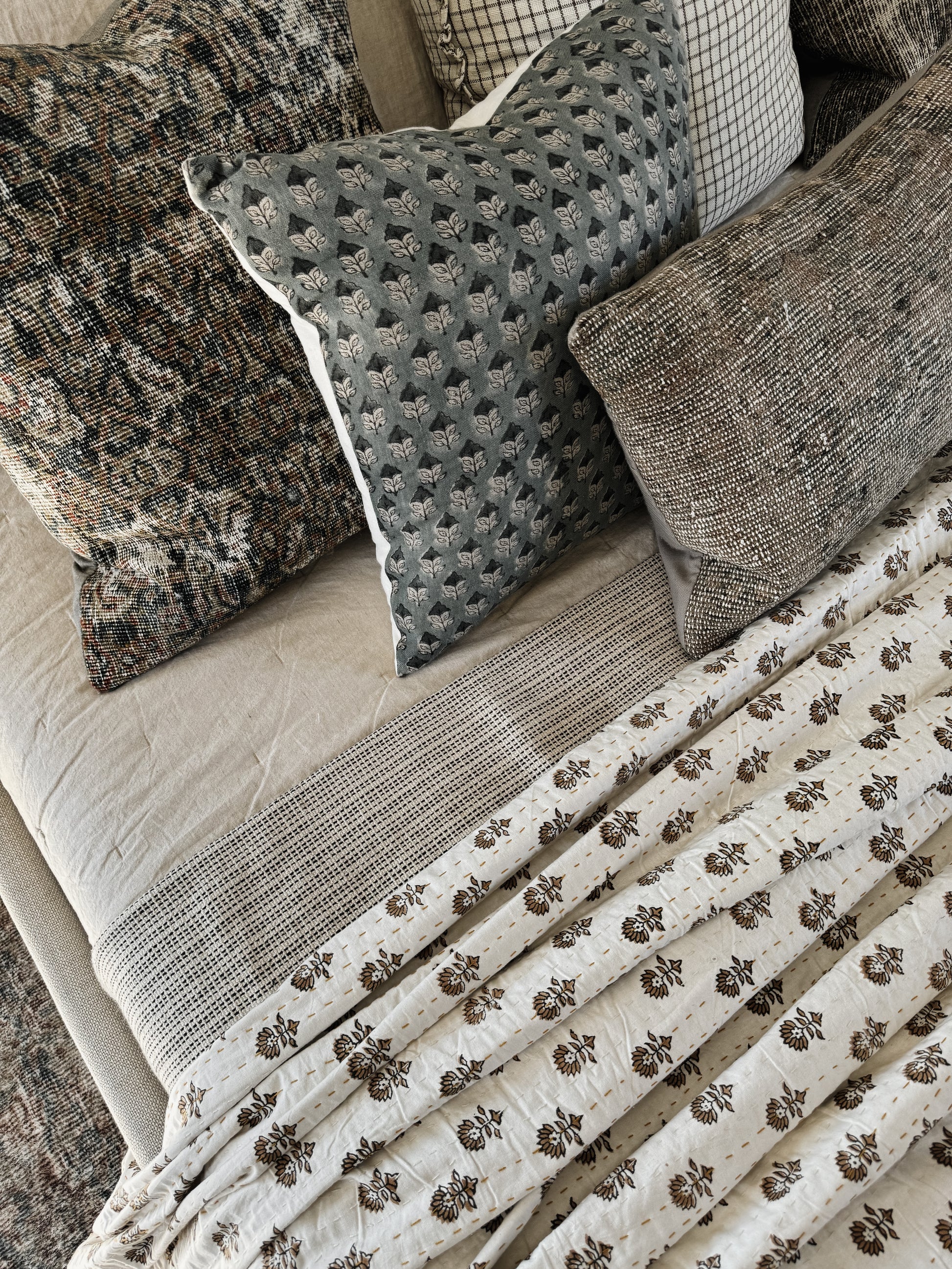 White Kantha Quilt with Brown Floral Block print motifs made by Ornate Handicrafts! Perfect for spring summer bedroom decor.